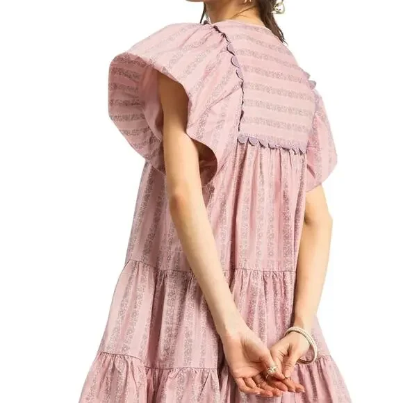 NWT Umgee - Pink Yoke Flutter Sleeve Mini Dress | Cottage Core Boho Large - Picture 3 of 8